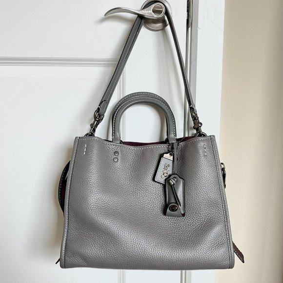 Coach Rogue 25 Grey Purple Colorblock Genuine Pebble Leather Satchels Handbags - Picture 9 of 16